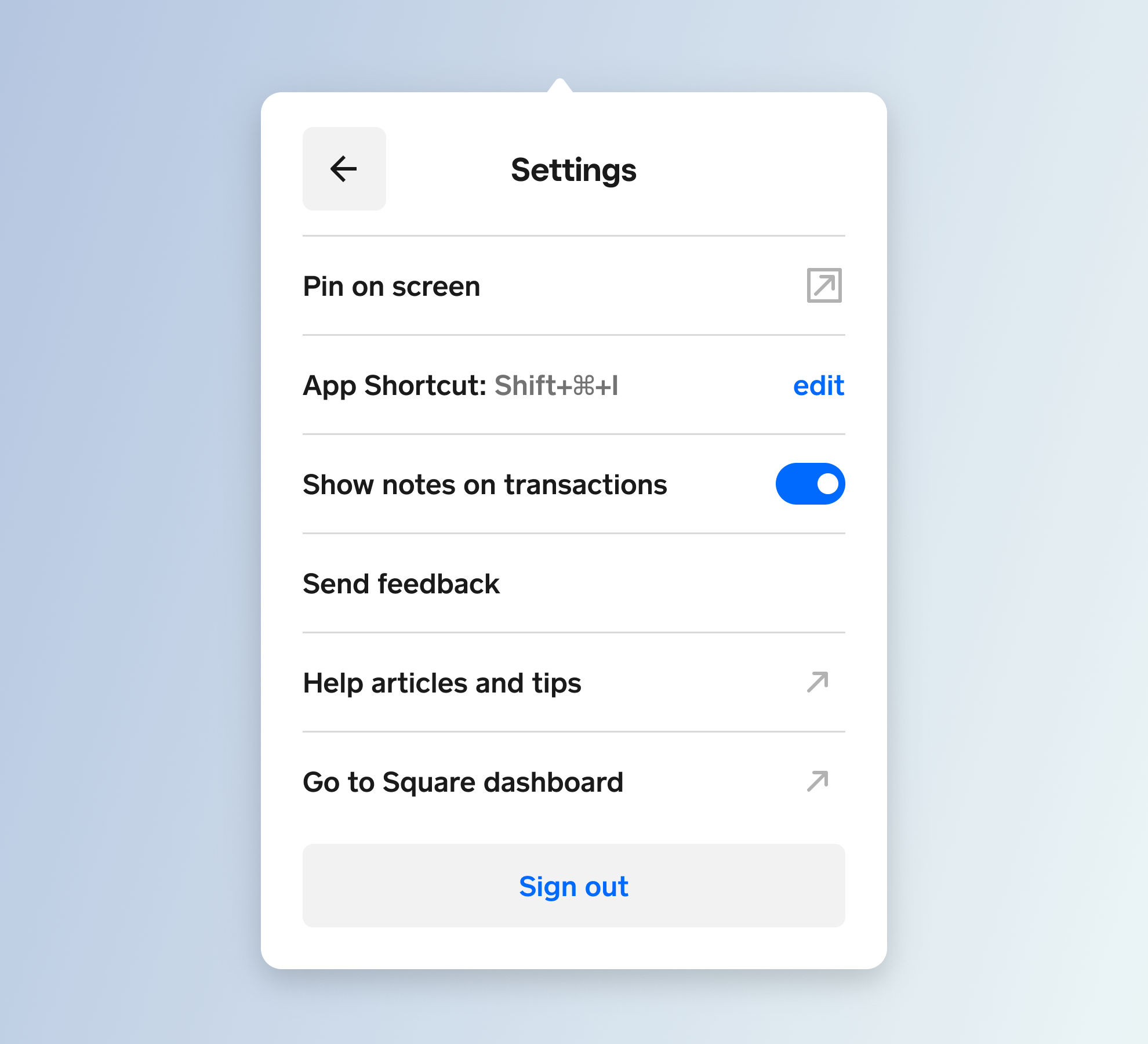 Square Charge feedback settings interface