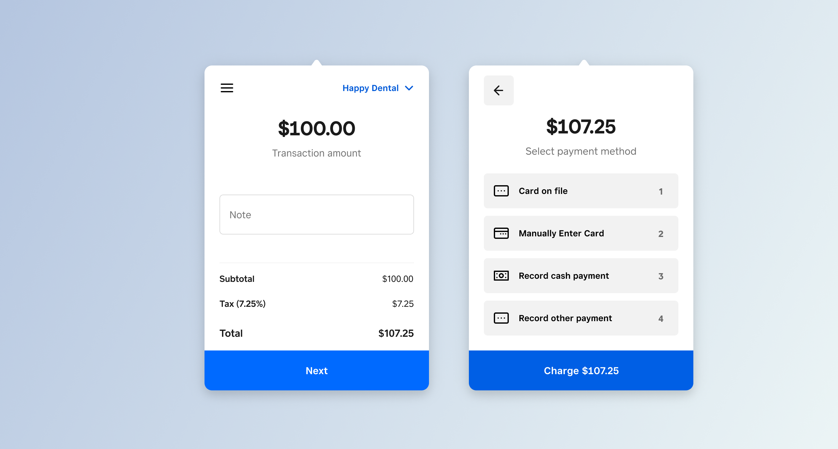 Square Charge interface overview